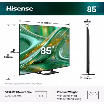Hisense 85E8S 85 Zoll ULED 4K Mini LED Smart TV, 3840×2160, 400 cd/m², Wi‑Fi, HomeOS (Grau)