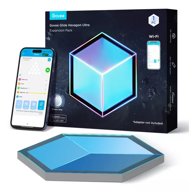 Smartes Wandleuchten-Set Govee Glide Hexagon Light Panels Ultra Erweiterungspack – Wi-Fi/Bluetooth, 36 V Eingang, grau