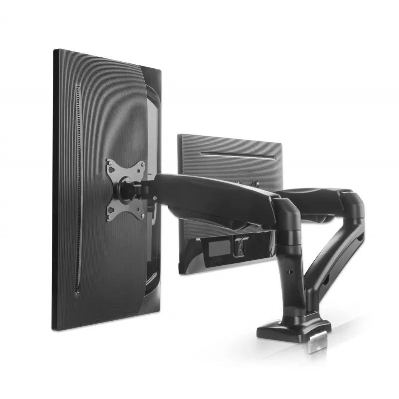 Manhattan Dual-Deskmount für TV & Monitore (voll beweglicher Gasdruckfederarm), Für Bildschirme von 10 Zoll bis 27 Zoll, C-Klemme oder Tischdurchführung, VESA-Kompatibilität: 75x75 und 100x100 mm – Überprüfen Sie die Abmessungen der vier Befestigungslöcher auf der Rückseite des Bildschirms, um sicherzustellen, dass sie passen, Max. 9 kg (pro Arm), Halterung