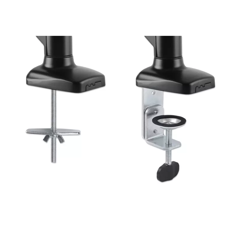 Manhattan Dual-Deskmount für TV & Monitore (voll beweglicher Gasdruckfederarm), Für Bildschirme von 10 Zoll bis 27 Zoll, C-Klemme oder Tischdurchführung, VESA-Kompatibilität: 75x75 und 100x100 mm – Überprüfen Sie die Abmessungen der vier Befestigungslöcher auf der Rückseite des Bildschirms, um sicherzustellen, dass sie passen, Max. 9 kg (pro Arm), Halterung