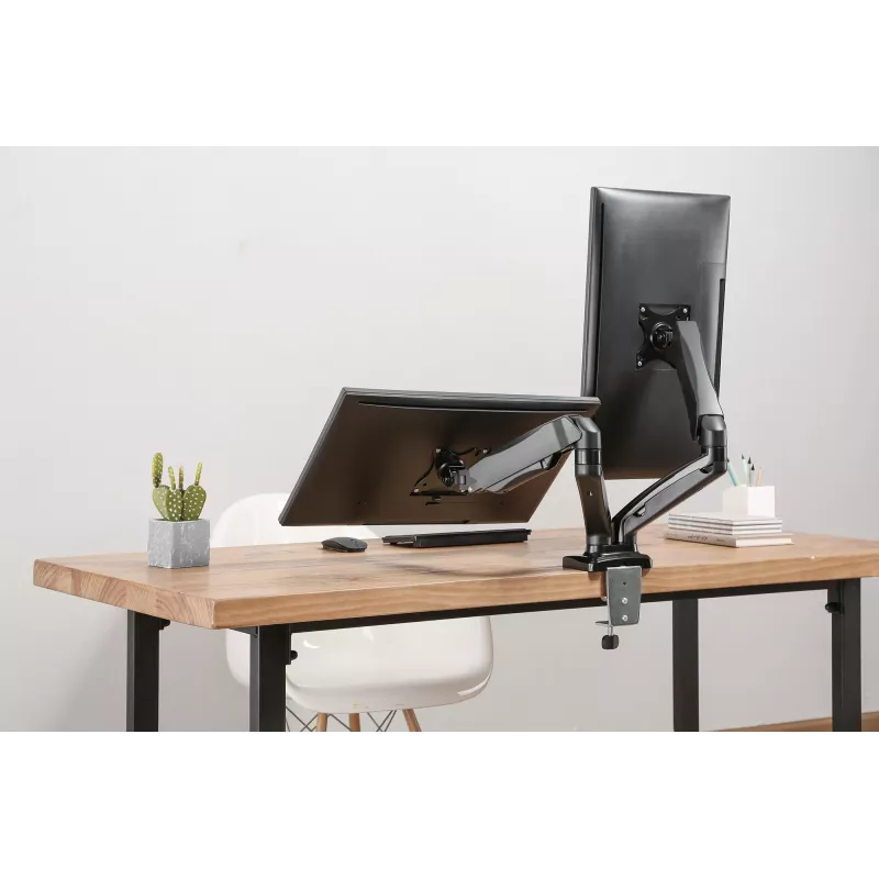 Manhattan Dual-Deskmount für TV & Monitore (voll beweglicher Gasdruckfederarm), Für Bildschirme von 10 Zoll bis 27 Zoll, C-Klemme oder Tischdurchführung, VESA-Kompatibilität: 75x75 und 100x100 mm – Überprüfen Sie die Abmessungen der vier Befestigungslöcher auf der Rückseite des Bildschirms, um sicherzustellen, dass sie passen, Max. 9 kg (pro Arm), Halterung