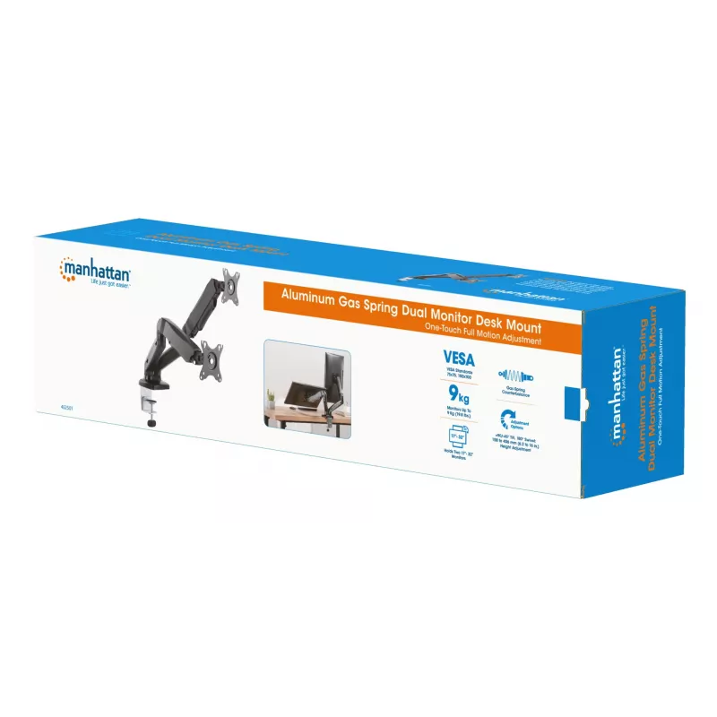 Manhattan Dual-Deskmount für TV & Monitore (voll beweglicher Gasdruckfederarm), Für Bildschirme von 10 Zoll bis 27 Zoll, C-Klemme oder Tischdurchführung, VESA-Kompatibilität: 75x75 und 100x100 mm – Überprüfen Sie die Abmessungen der vier Befestigungslöcher auf der Rückseite des Bildschirms, um sicherzustellen, dass sie passen, Max. 9 kg (pro Arm), Halterung