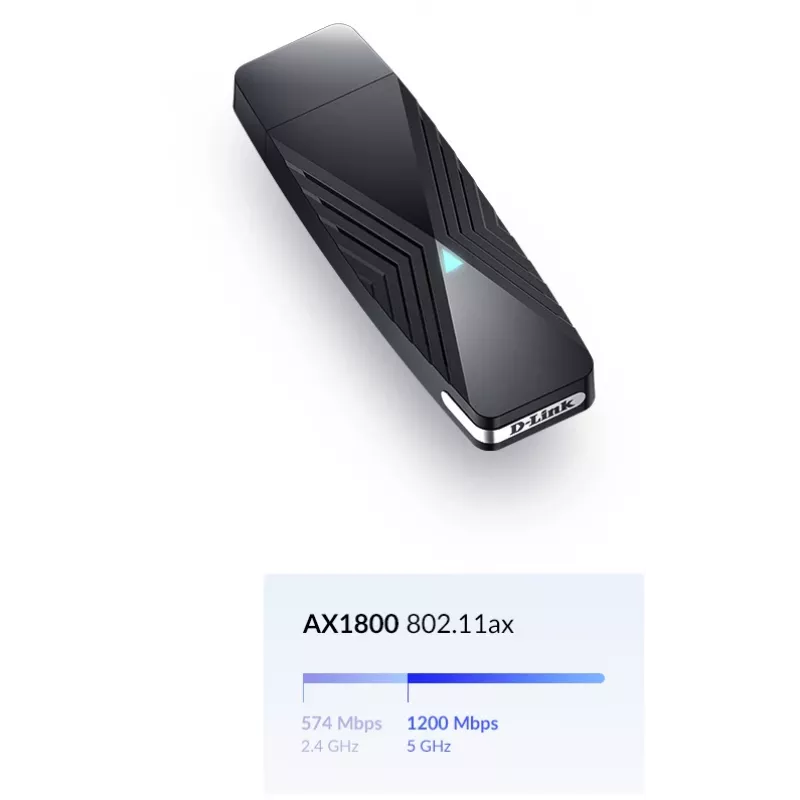 D-Link AX1800 Wi-Fi USB Adapter, Wireless, USB, WLAN, Wi-Fi 6 (802.11ax), 1800 Mbit/s, Schwarz