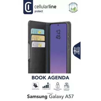 Cellularline Book Agenda 2 - Galaxy A57 Book-style Kunstlederhülle mit Magnetverschluss, Standfunktion und RFID/NFC-Schutz für kontaktlose Karten.