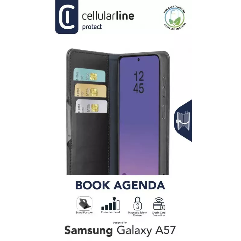 Cellularline Book Agenda 2 - Galaxy A57 Book-style Kunstlederhülle mit Magnetverschluss, Standfunktion und RFID/NFC-Schutz für kontaktlose Karten.