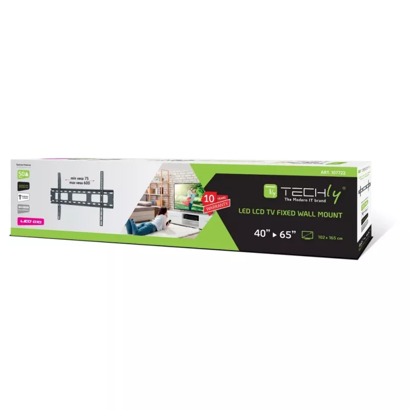 Techly Wandhalterung für Ultra schlank LED LCD TV 40-65 Zoll, 101,6 cm (40 Zoll), 165,1 cm (65 Zoll), 100 x 100 mm, 600 x 400 mm, Metall, Schwarz