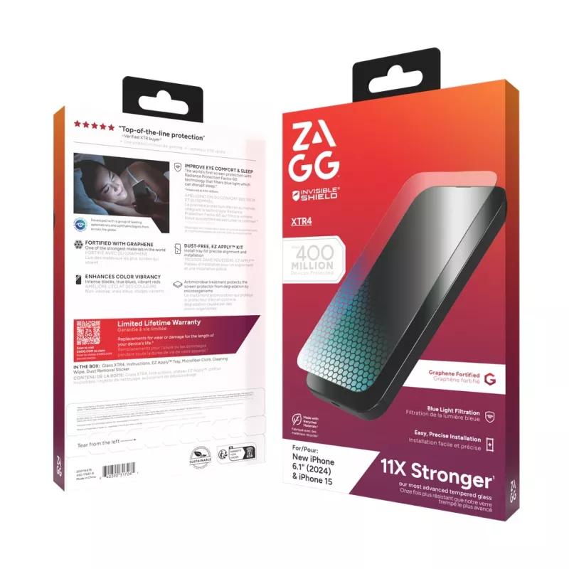InvisibleShield Glass XTR4 Apple iPhone 16/15 Bildschirm, Apple, iPhone 16/iPhone 15, Antibakteriell, Blaulichtschutz, Staubresistent, Kratzfest, Transparent, 1 Stk.