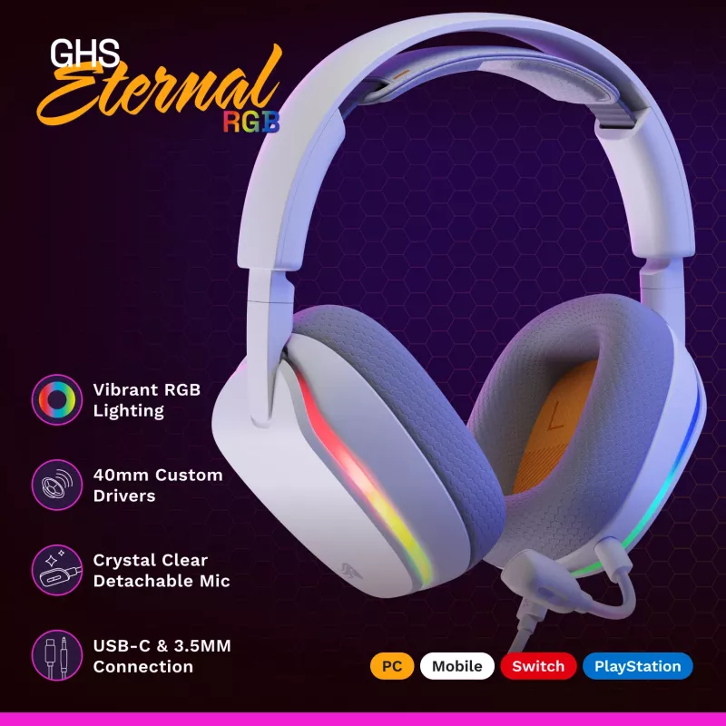 Glorious Gaming Glorious GHS Eternal RGB - Stereo RGB Gaming Headset für PC, PS5, PS4, Switch - Individuell abgestimmte abgewinkelte Treiber, verstellbares, kristallklares abnehmbares Mikrofon, USB-C - Langlebig, Komfort für den ganzen Tag und die ganze Nacht - Weiß