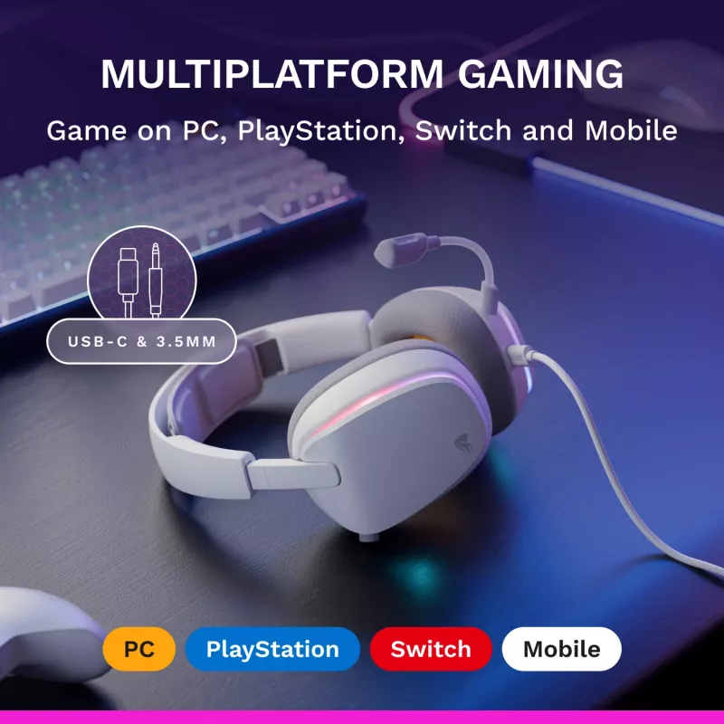 Glorious Gaming Glorious GHS Eternal RGB - Stereo RGB Gaming Headset für PC, PS5, PS4, Switch - Individuell abgestimmte abgewinkelte Treiber, verstellbares, kristallklares abnehmbares Mikrofon, USB-C - Langlebig, Komfort für den ganzen Tag und die ganze Nacht - Weiß