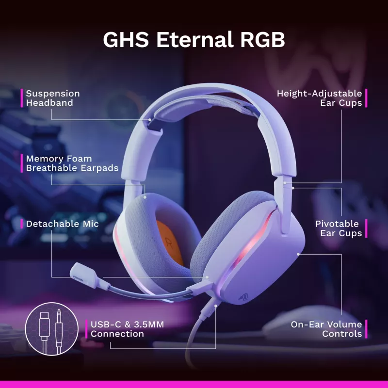 Glorious Gaming Glorious GHS Eternal RGB - Stereo RGB Gaming Headset für PC, PS5, PS4, Switch - Individuell abgestimmte abgewinkelte Treiber, verstellbares, kristallklares abnehmbares Mikrofon, USB-C - Langlebig, Komfort für den ganzen Tag und die ganze Nacht - Weiß