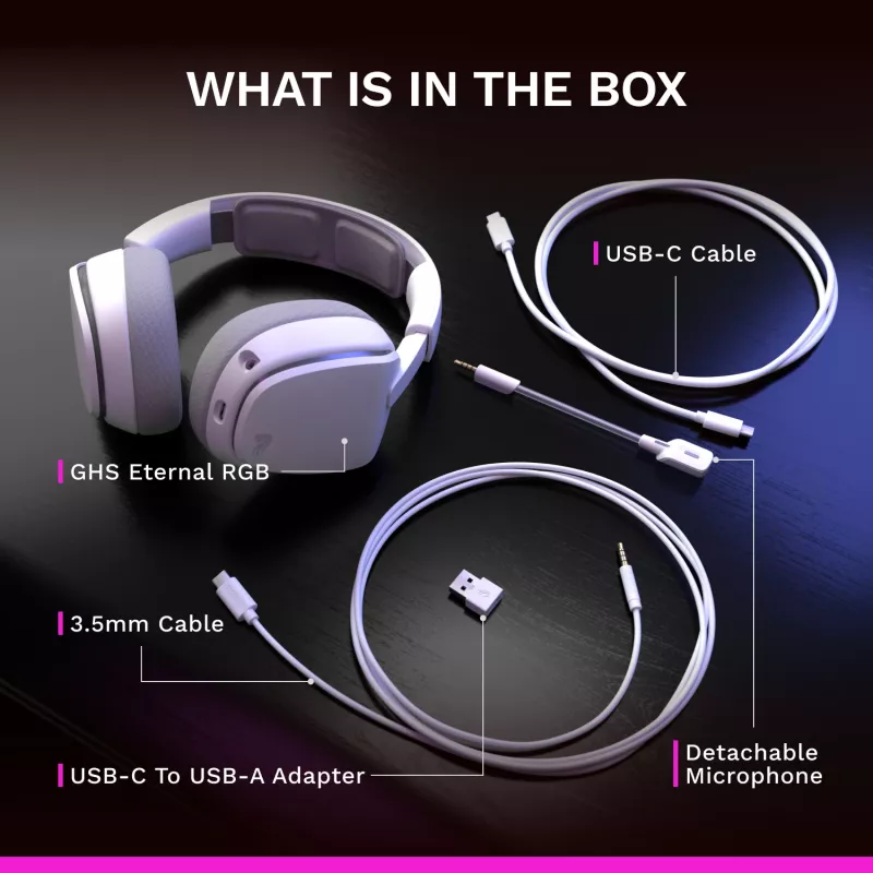 Glorious Gaming Glorious GHS Eternal RGB - Stereo RGB Gaming Headset für PC, PS5, PS4, Switch - Individuell abgestimmte abgewinkelte Treiber, verstellbares, kristallklares abnehmbares Mikrofon, USB-C - Langlebig, Komfort für den ganzen Tag und die ganze Nacht - Weiß