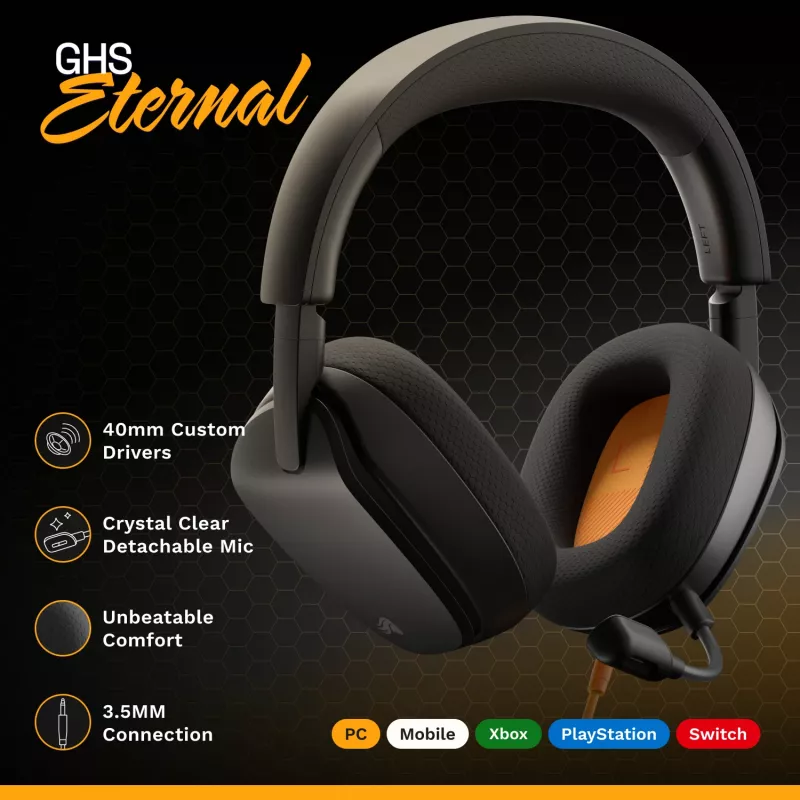Glorious Gaming Glorious GHS Eternal - Stereo-Gaming-Headset für PC, PS5, PS4, Xbox, Switch - Individuell abgestimmte, abgewinkelte Treiber, verstellbares, kristallklares, abnehmbares Mikrofon, 3,5 mm - Robust, ganztägiger und nächtlicher Komfort - Schwarz