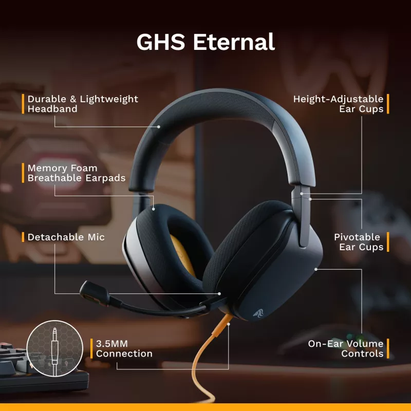 Glorious Gaming Glorious GHS Eternal - Stereo-Gaming-Headset für PC, PS5, PS4, Xbox, Switch - Individuell abgestimmte, abgewinkelte Treiber, verstellbares, kristallklares, abnehmbares Mikrofon, 3,5 mm - Robust, ganztägiger und nächtlicher Komfort - Schwarz