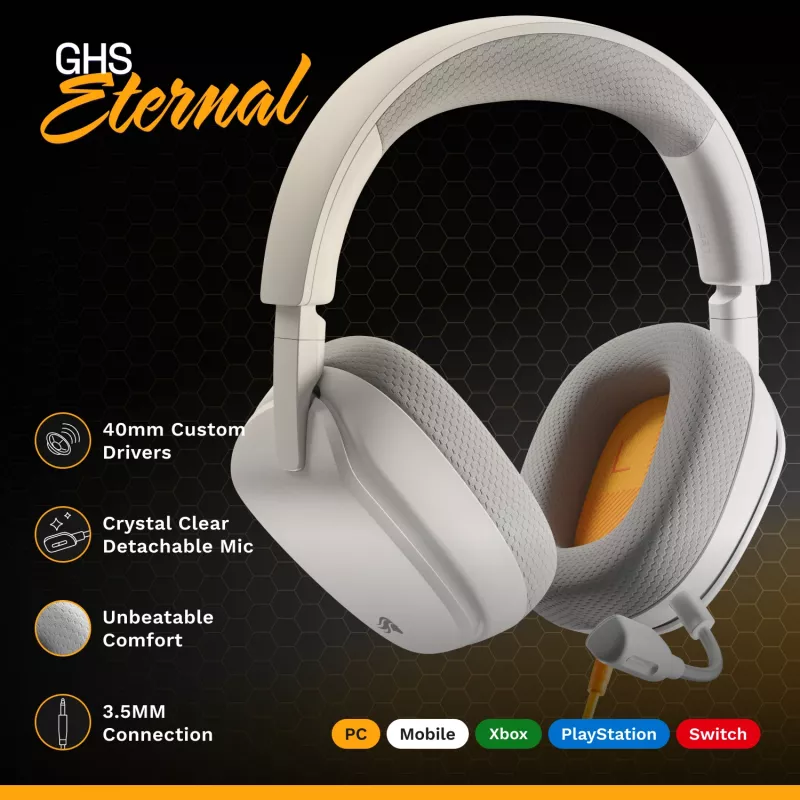 Glorious Gaming Glorious GHS Eternal - Stereo-Gaming-Headset für PC, PS5, PS4, Xbox, Switch - Speziell abgestimmte, abgewinkelte Treiber, verstellbares, kristallklares, abnehmbares Mikrofon, 3,5 mm - Langlebig, ganztägiger und nächtlicher Komfort - Weiß