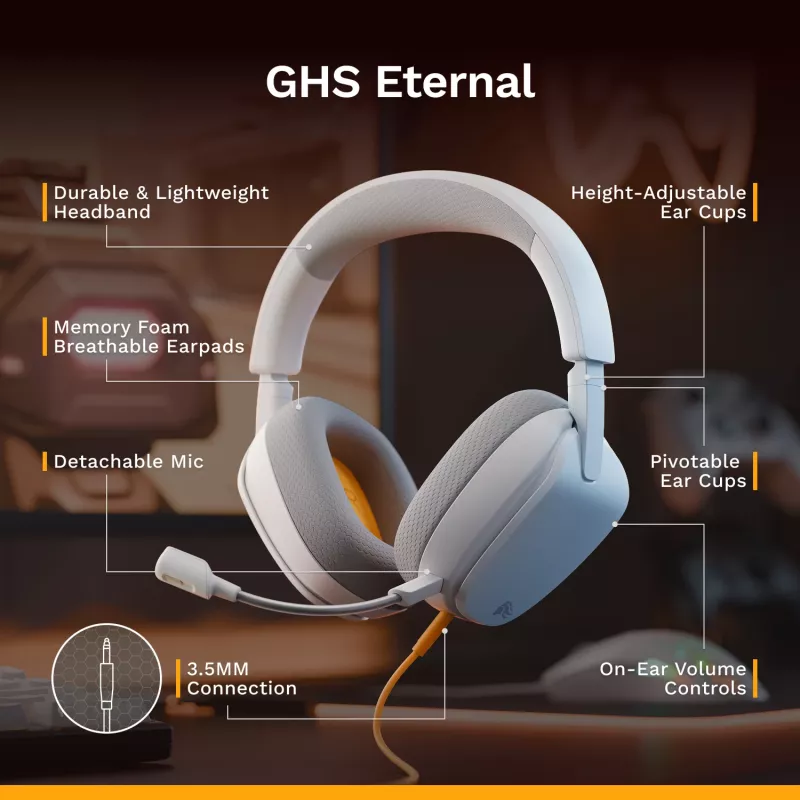 Glorious Gaming Glorious GHS Eternal - Stereo-Gaming-Headset für PC, PS5, PS4, Xbox, Switch - Speziell abgestimmte, abgewinkelte Treiber, verstellbares, kristallklares, abnehmbares Mikrofon, 3,5 mm - Langlebig, ganztägiger und nächtlicher Komfort - Weiß