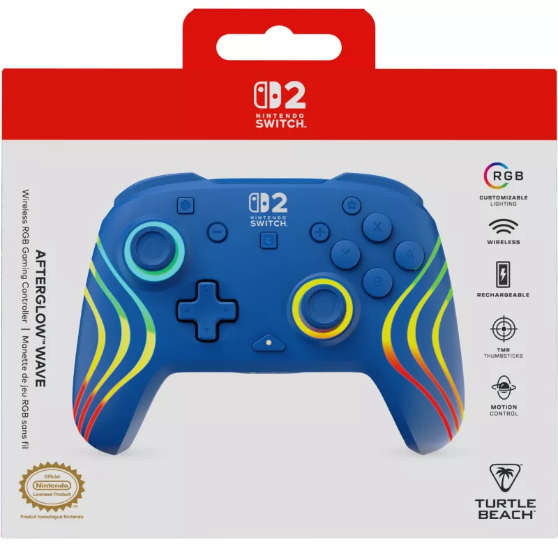 Kabelgebundenes & kabelloses Gamepad Turtle Beach Afterglow Wave Blue für Nintendo Switch 2 – Bluetooth/USB-C, RGB, integrierter 20-Stunden-Akku, 3 m Kabel