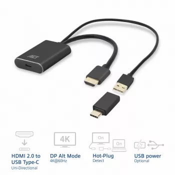 ACT HDMI auf USB Type-C Buchse Adapter, 4K@60Hz. Kabellänge: 0,25 m, Anschluss 1: USB Type-C, Anschluss 2: HDMI + USB. Menge pro Packung: 1 Stück