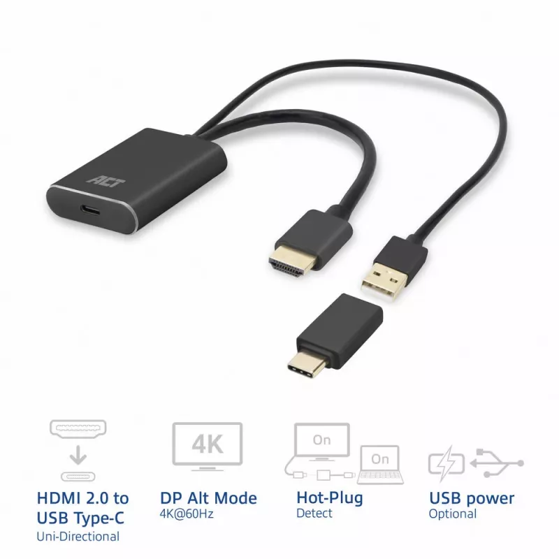 ACT HDMI auf USB Type-C Buchse Adapter, 4K@60Hz. Kabellänge: 0,25 m, Anschluss 1: USB Type-C, Anschluss 2: HDMI + USB. Menge pro Packung: 1 Stück
