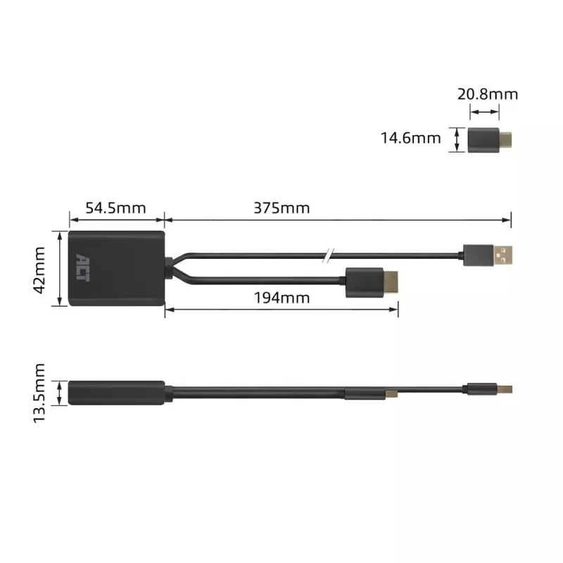 ACT HDMI auf USB Type-C Buchse Adapter, 4K@60Hz. Kabellänge: 0,25 m, Anschluss 1: USB Type-C, Anschluss 2: HDMI + USB. Menge pro Packung: 1 Stück
