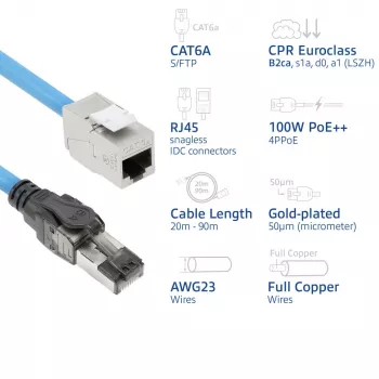 ACT Blau 40 Meter S/FTP CAT6A B2ca PoE++ 100W solides vorkonfektioniertes Installationskabel, RJ45 Stecker – Buchse
