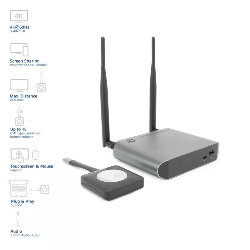 ACT Aero 4K Wireless Presentation System, Desktop, Schwarz, Grau, 3840 x 2160, 2160p, USB Typ-C, USB