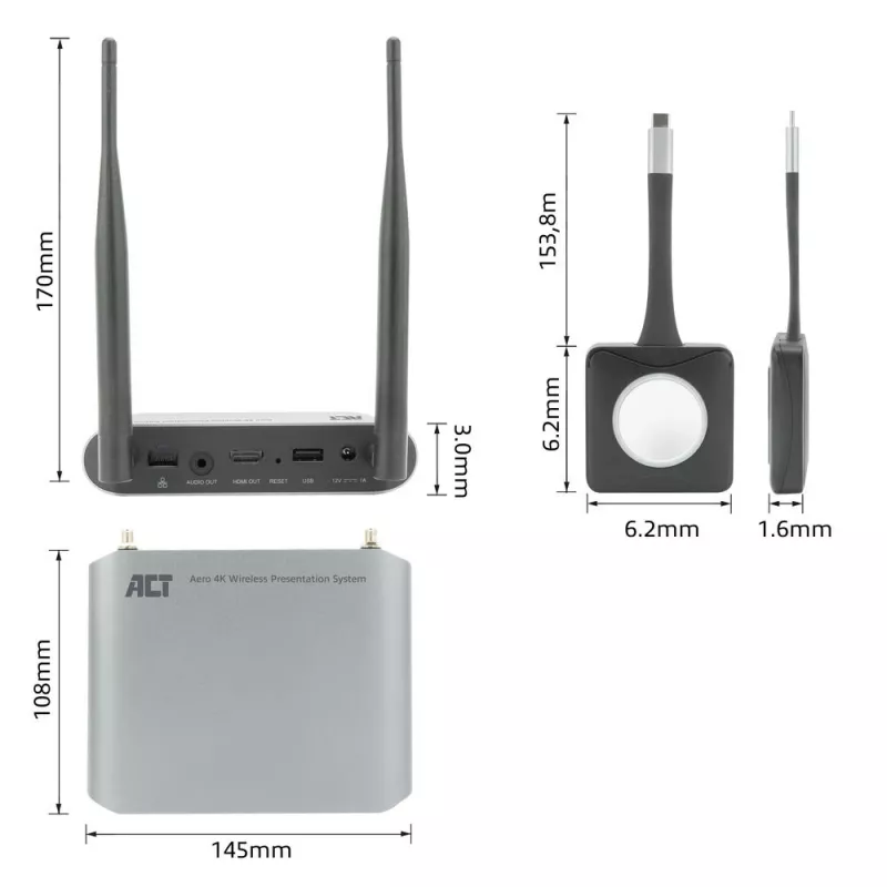 ACT Aero 4K Wireless Presentation System, Desktop, Schwarz, Grau, 3840 x 2160, 2160p, USB Typ-C, USB