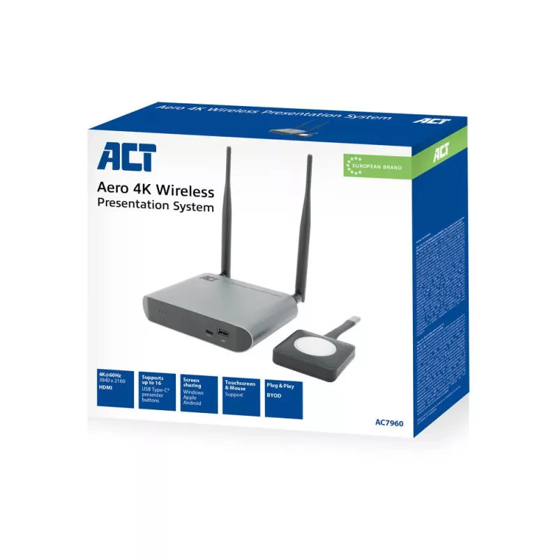 ACT Aero 4K Wireless Presentation System, Desktop, Schwarz, Grau, 3840 x 2160, 2160p, USB Typ-C, USB