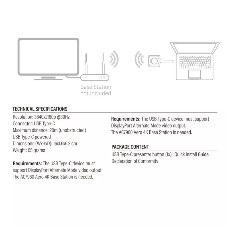 ACT Aero 4K Presenter Button, Tasten-Kit, Schwarz, 1 Stück, 3840 x 2160, Aero 4K Wireless Presentation System, 0 - 40 °C