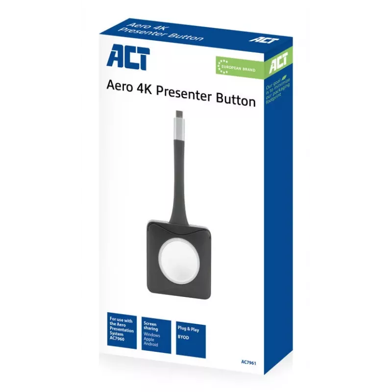 ACT Aero 4K Presenter Button, Tasten-Kit, Schwarz, 1 Stück, 3840 x 2160, Aero 4K Wireless Presentation System, 0 - 40 °C