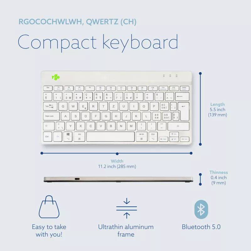 R-Go Tools Ergonomische Tastatur R-Go Compact Break, kompakte Tastatur mit Pausensoftware, QWERTZ (CH), Bluetooth, Weiß