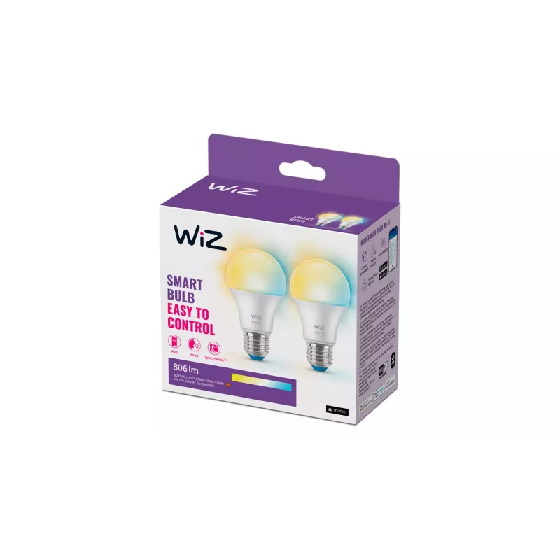 WiZ Bulb 60W A60 E27 x2, Intelligente Lampe, Wi-Fi/Bluetooth, Weiß, Wi-Fi 4 (802.11n), 802.11b, 802.11g, LED, E27