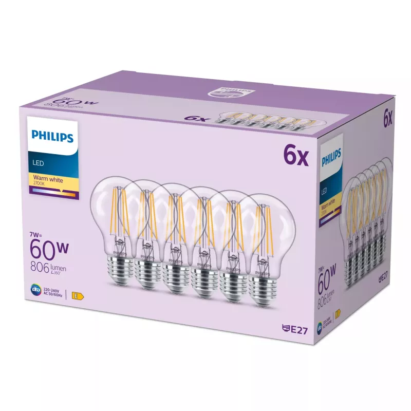Philips Filament-Glühlampe klar 60 W A60 E27 x6, 7 W, 60 W, E27, 806 lm, 15000 h