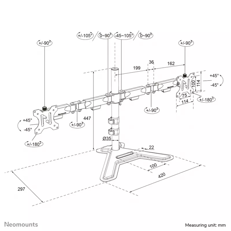 Doppelmonitorständer Neomounts DS45-600BL2 für 10–32 Zoll Bildschirme, unterstützt 2 Displays, max. 6 kg, VESA 75x75–100x100, freistehend, schwarz