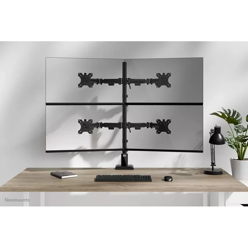Vierfach-Monitorarm Neomounts DS60-600BL2-2 für 10–32-Zoll-Bildschirme, VESA 75x75–100x100, max. Tragkraft 8 kg, Klemme/Tischdurchführung, schwarz
