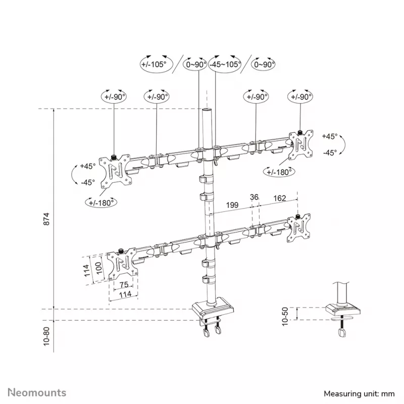 Vierfach-Monitorarm Neomounts DS60-600BL2-2 für 10–32-Zoll-Bildschirme, VESA 75x75–100x100, max. Tragkraft 8 kg, Klemme/Tischdurchführung, schwarz