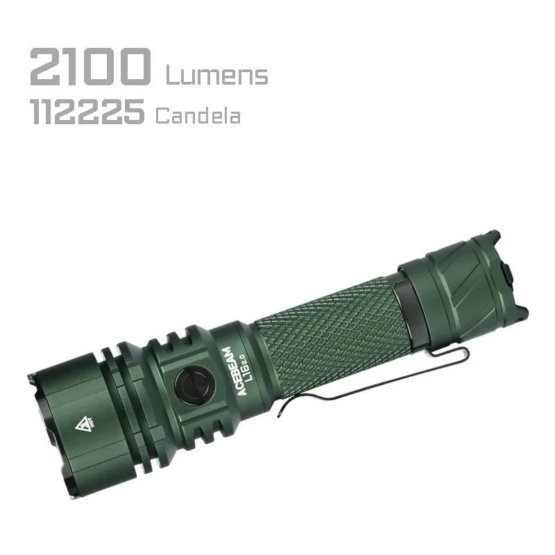 Handtaschenlampe AceBeam L16 2.0 Grün — wiederaufladbarer 21700 Li‑Ion-Akku, 5000 mAh, bis zu 2100 lm, IP68, 7 Leistungsstufen