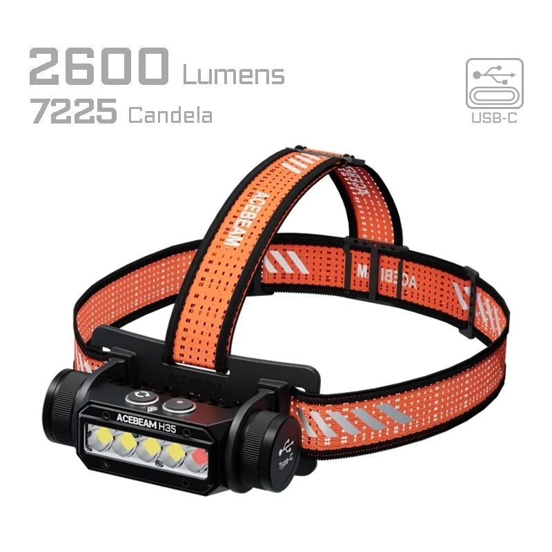 Kopflampen-Stirnlampe AceBeam H35 — LED-Stirnlampe, max. 2600 lm, 170 m Reichweite, IP68, 18650 3800 mAh, 216 Std. Laufzeit