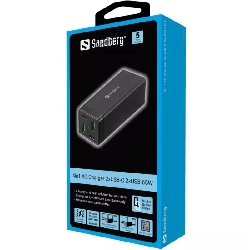 SANDBERG Netzteil - 65 Watt - 3,25 A - PD, QC - 4 Ausgangsports (2 x USB, 2 x USB-C)
