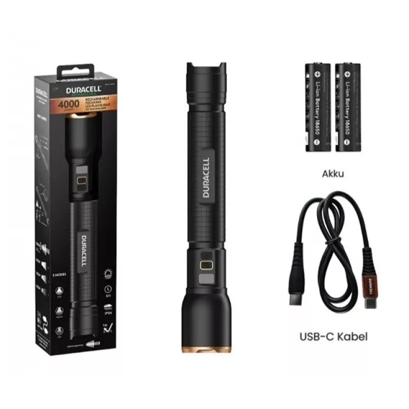 Taschenlampe Duracell DF4000R schwarz – wiederaufladbare Handlampe, kompaktes Design