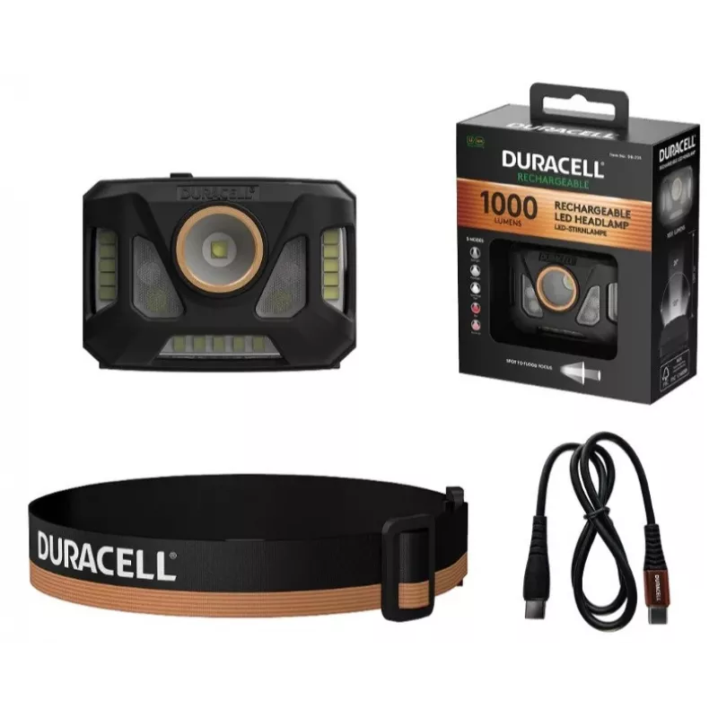 Stirnlampe Duracell DH1000R — schwarz/orange, wiederaufladbares freihändiges Licht