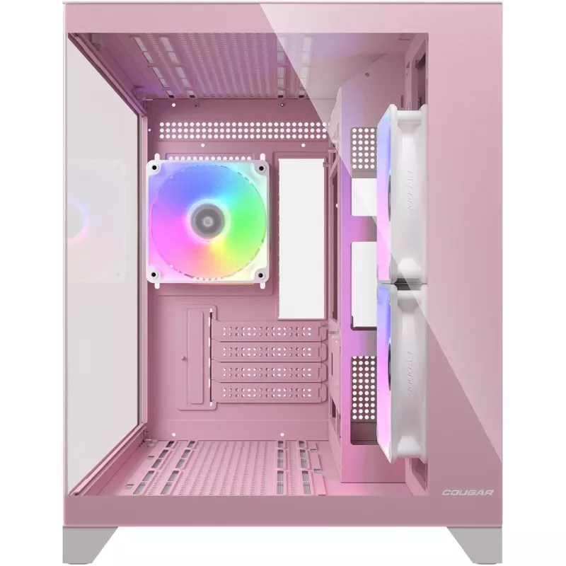 Mini-Tower-PC-Gehäuse Cougar FV150 ARGB – Pink, unterstützt 2x 120/140 mm Seitenlüfter, 1x 120 mm hinten, 2,5 Zoll/3,5 Zoll HDD, 285×435×365 mm