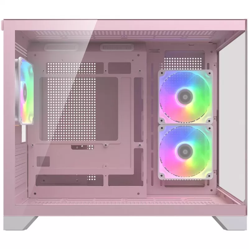 Mini-Tower-PC-Gehäuse Cougar FV150 ARGB – Pink, unterstützt 2x 120/140 mm Seitenlüfter, 1x 120 mm hinten, 2,5 Zoll/3,5 Zoll HDD, 285×435×365 mm