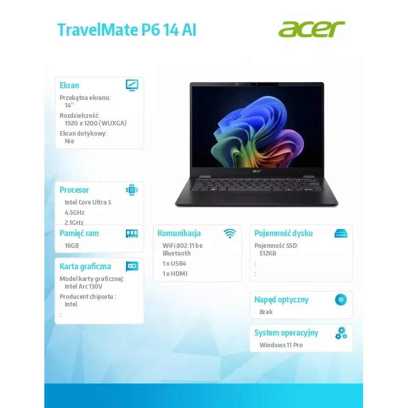 Laptop Acer TravelMate P6 14 AI TMP614-54T mit Intel Ultra 5, 16 GB RAM, 512 GB SSD, Windows 11 Pro, 226-V-Akku