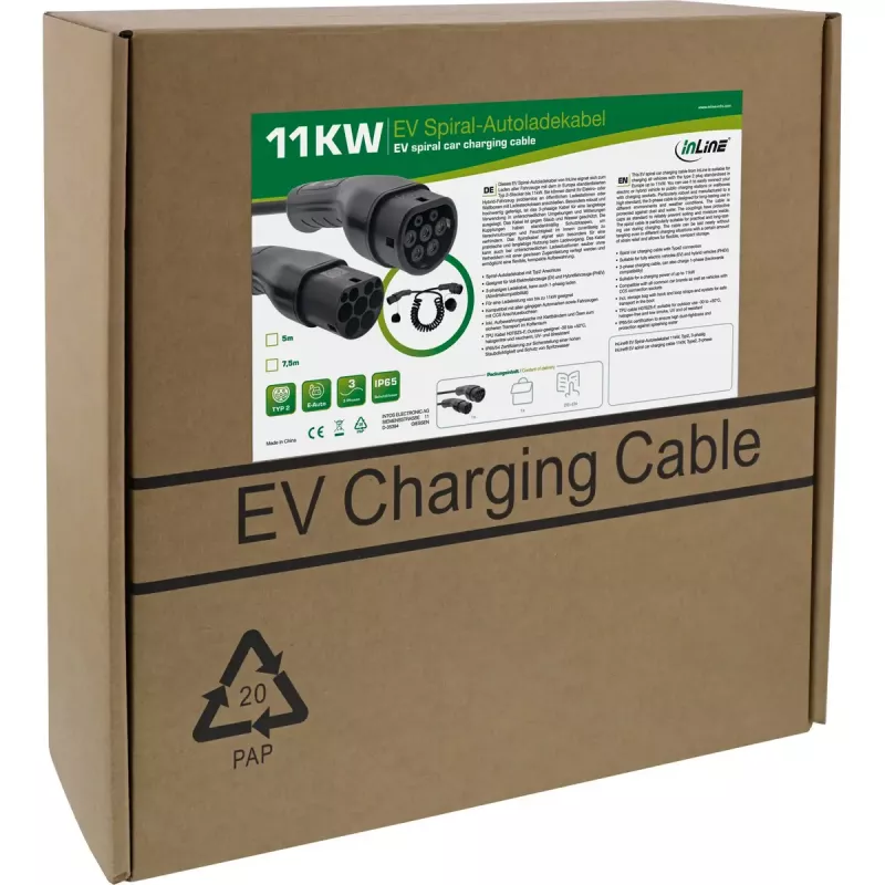 InLine 16273S Ladekabel für Elektrofahrzeuge, Typ 2, 11 kW, 3-phasig, 3 m Spiralkabel