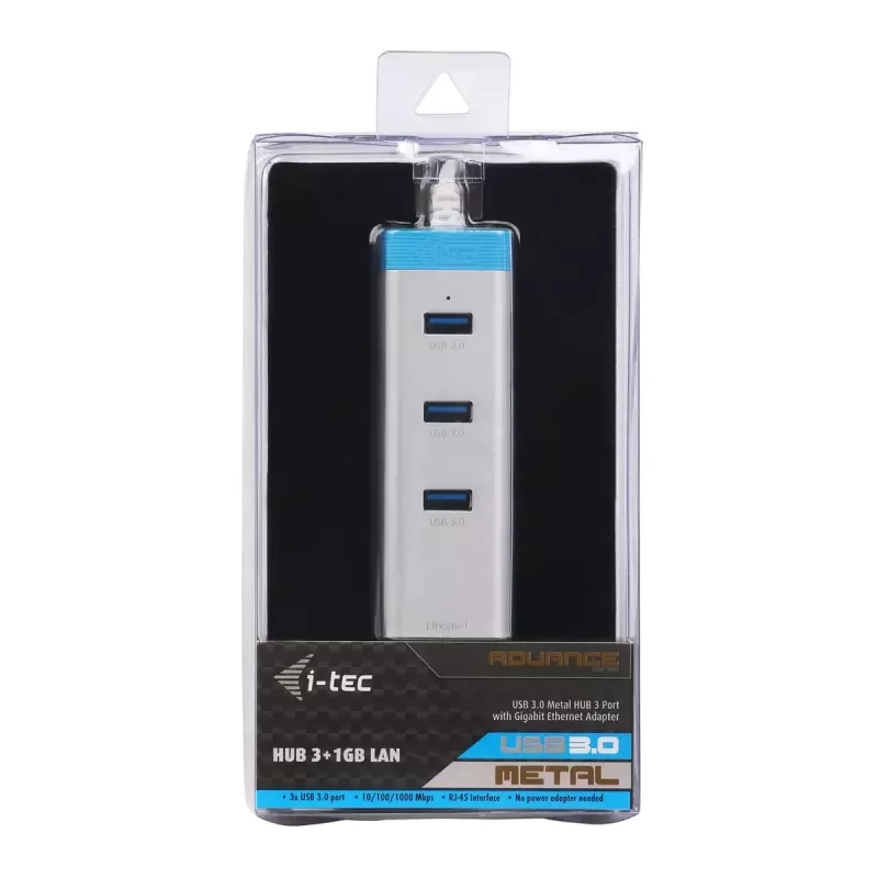 USB 3.0 Hub mit Gigabit Ethernet ITEC U3GLAN3HUB — 3-Port Metall-Hub, VIA VL812 + Realtek RTL8153, silber