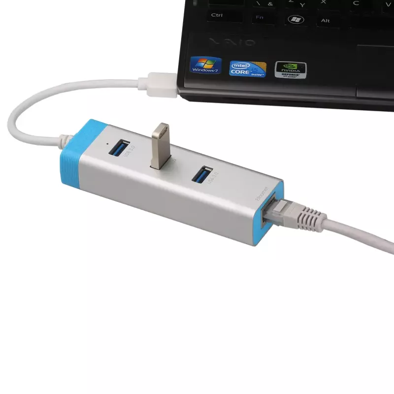USB 3.0 Hub mit Gigabit Ethernet ITEC U3GLAN3HUB — 3-Port Metall-Hub, VIA VL812 + Realtek RTL8153, silber