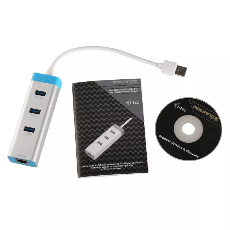USB 3.0 Hub mit Gigabit Ethernet ITEC U3GLAN3HUB — 3-Port Metall-Hub, VIA VL812 + Realtek RTL8153, silber