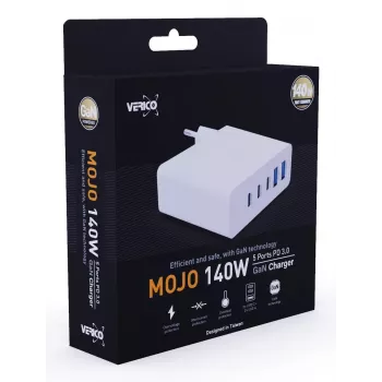 Verico MOJO GaN 140W Multi-Port USB-C und USB-A Schnellladegerät für Laptops, Smartphones und Tablets, Weiß