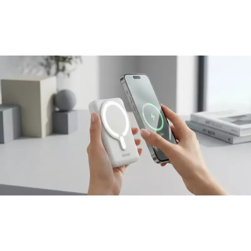 Powerbank SAVIO BA-13 10000 mAh mit 20 W Ausgang und kabellosem Laden, Weiß