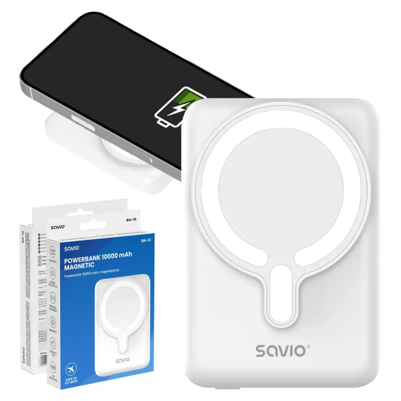 Powerbank SAVIO BA-13 10000 mAh mit 20 W Ausgang und kabellosem Laden, Weiß